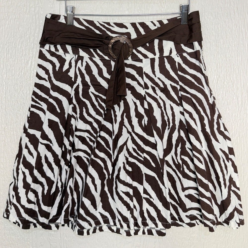 Heart Soul Brown & White Zebra Print Belted Skater Mini Skirt Flowing Bohemian 5